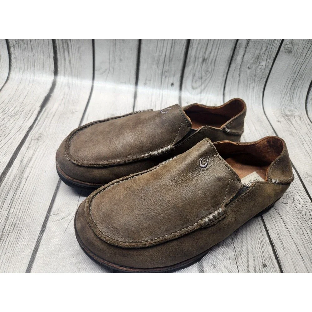 OluKai Moloa Shoes Men's 8.5 Brown Leather Slip On Casual Loafers Moccasin